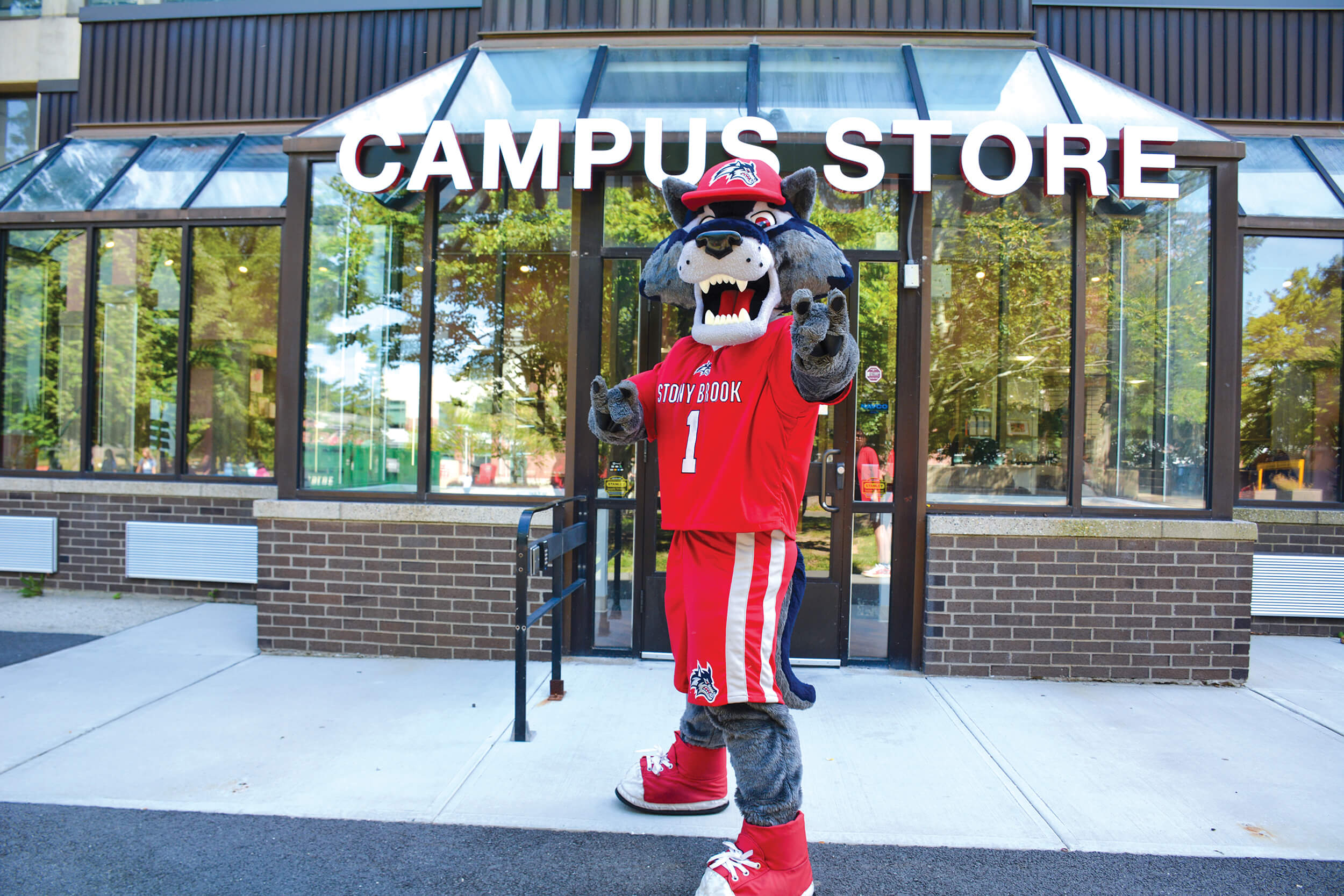 Wolfie in front SBU Campus Store entrance