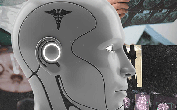 A futuristic medical-themed collage. A robotic head with a medical symbol is foregrounded. Background shows gloved hands, MRI scans, and medical monitors.