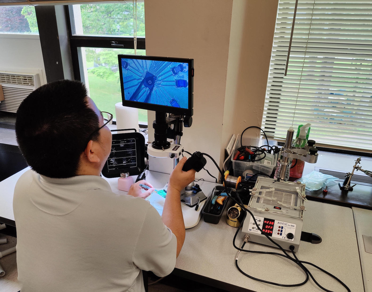 PhD student Yang Xie preparing the RF tag for testing