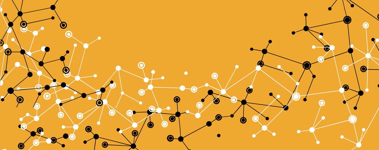 Fiction Lab 1.0 conference graphic image graphic representation of black an white molecules on yellow background