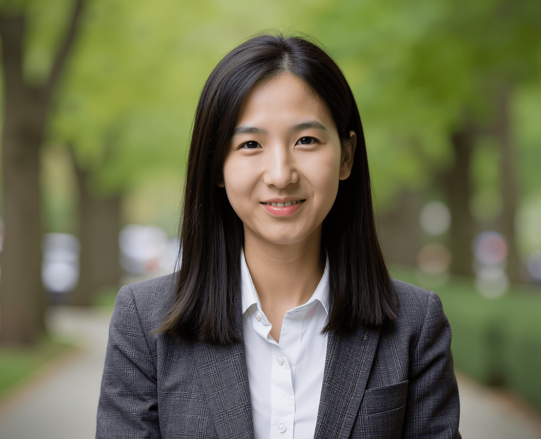 A portrait of a woman with long, straight dark hair and a gentle smile. She is wearing a dark gray blazer over a white collared shirt. She is standing outdoors on a path lined with lush green trees that are softly blurred in the background.